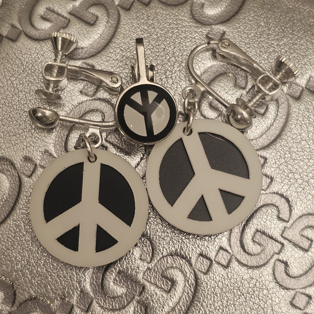 Peace Sign Clip-On Stud Earrings with free bonus mini stud